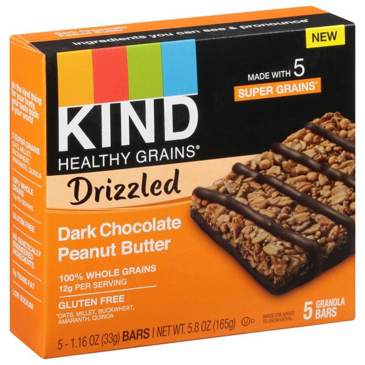 Calories in KIND Healthy Grains Granola Bars, Gluten Free, Dark Chocolate Peanut Butter, Drizzled, 5 Pack