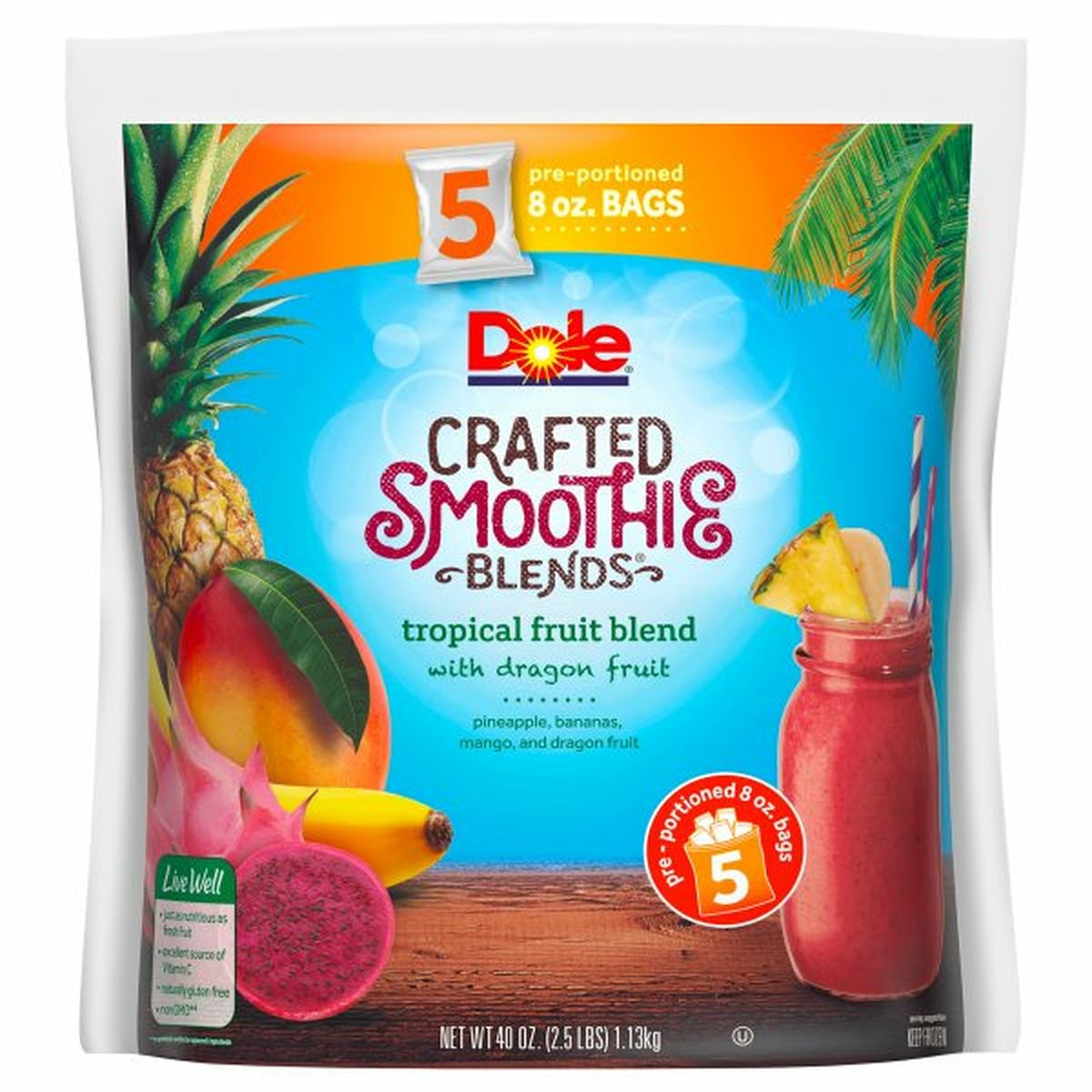 Calories in Dole Smoothie Blends, Crafted, Tropical Fruit Blend with Dragon Fruit, Pre-Portioned Bags