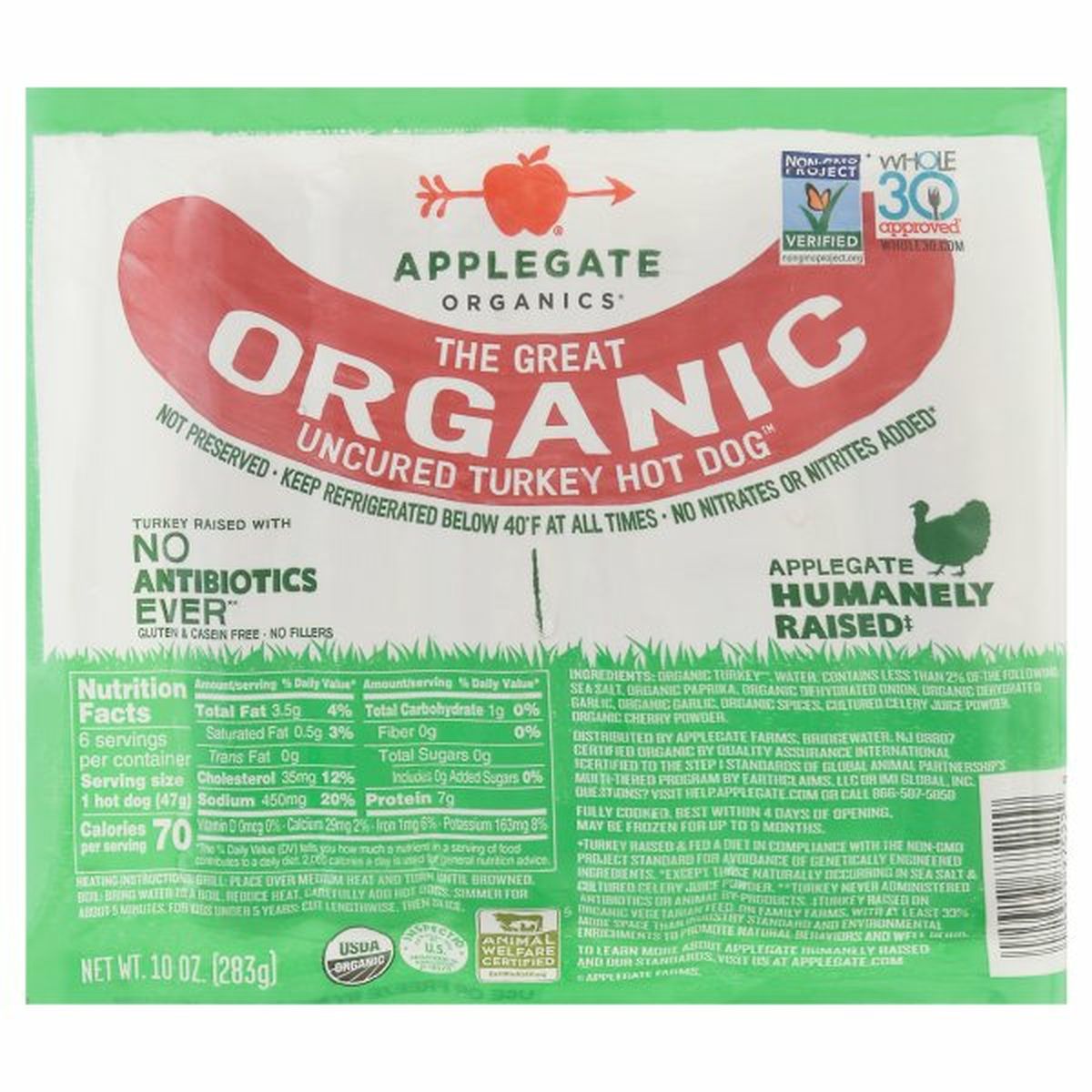 Calories in Applegate Hot Dog, Organic, Uncured Turkey