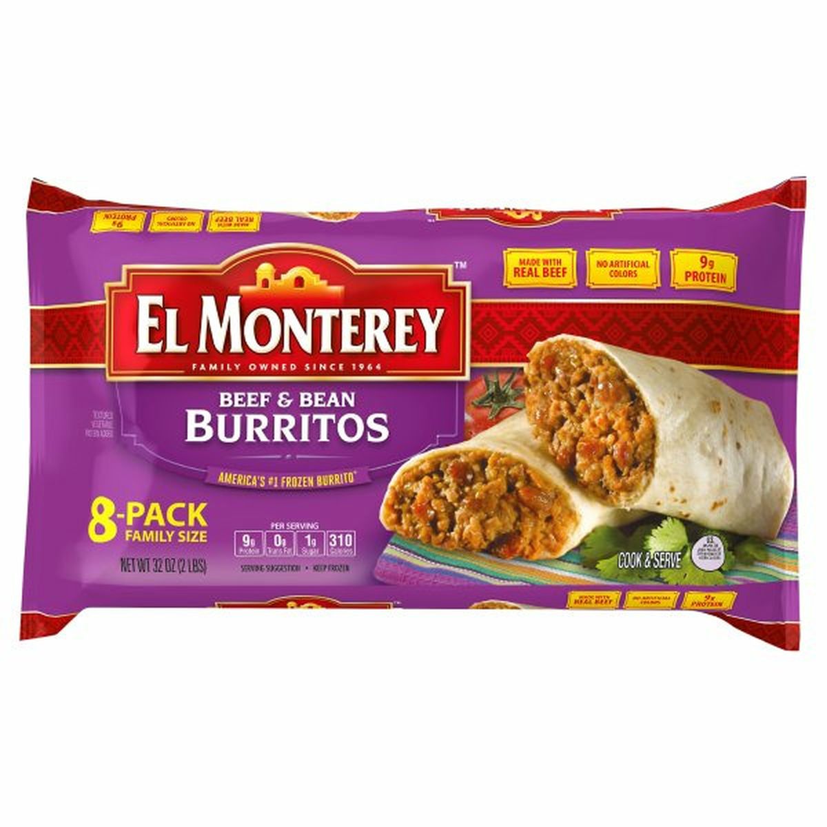 Calories in El Monterey Burritos, Beef & Bean, Family Size, 8-Pack