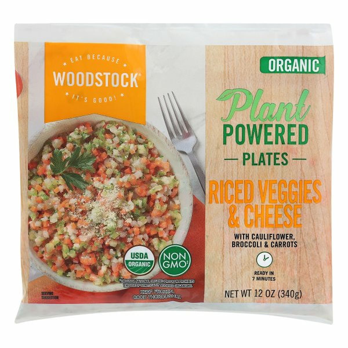 Calories in WOODSTOCK Riced Veggies & Cheese, Organic, With Cauliflower, Broccoli & Carrots, Plant Powered Plates