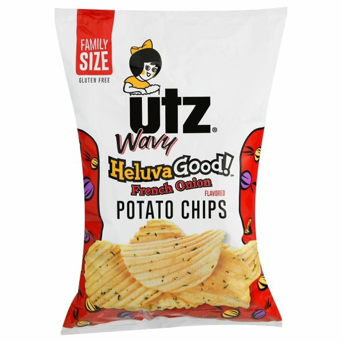 Calories in Utz Wavy Heluva Good Potato Chips, French Onion Flavored, Family Size