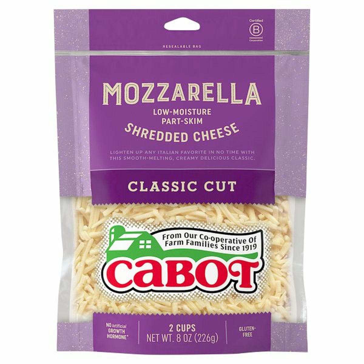 Calories in Cabot Shredded Cheese, Part-Skim, Low-Moisture, Mozzarella, Classic Cut