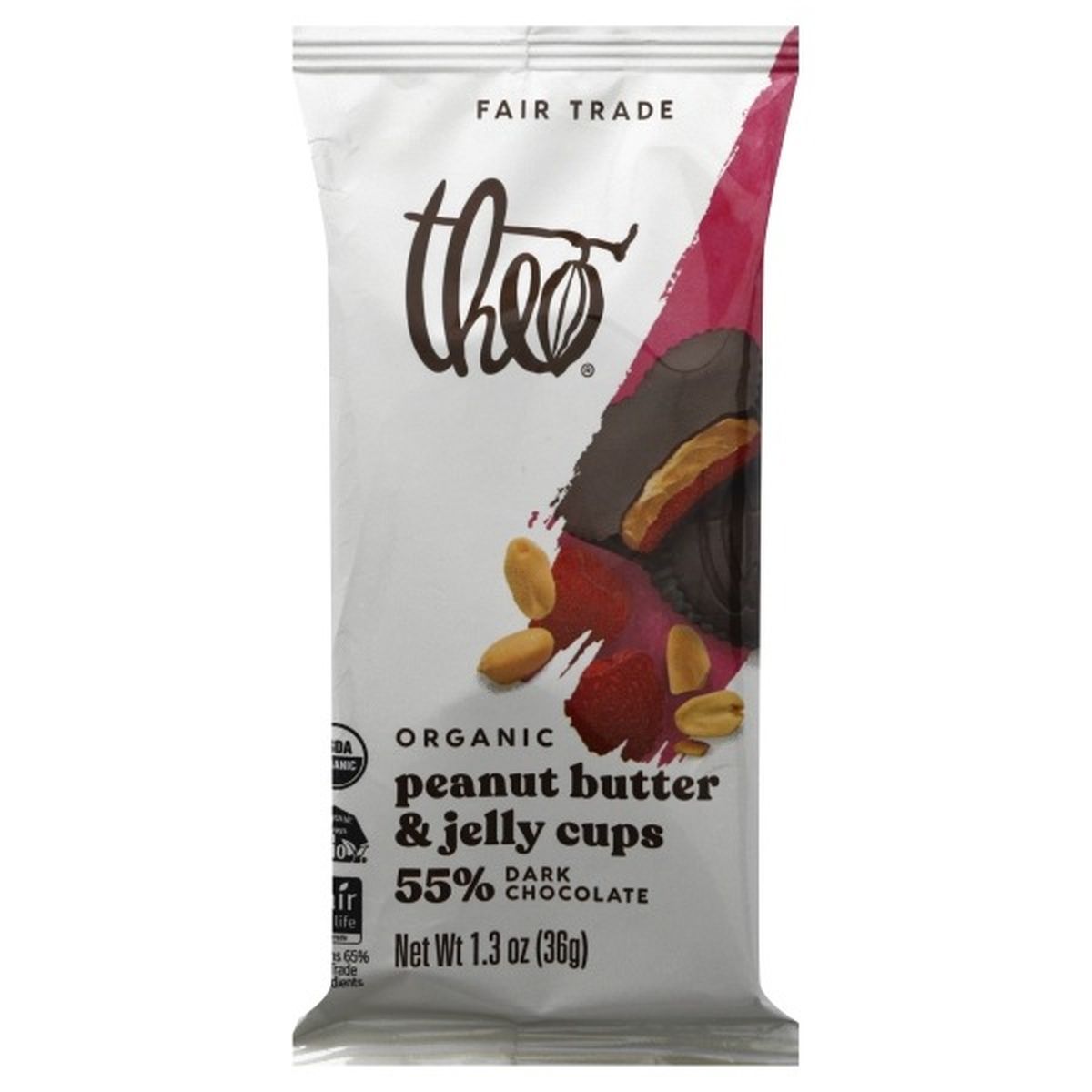 Calories in Theo Chocolate Peanut Butter & Jelly Cups, Organic, 55% Dark Chocolate