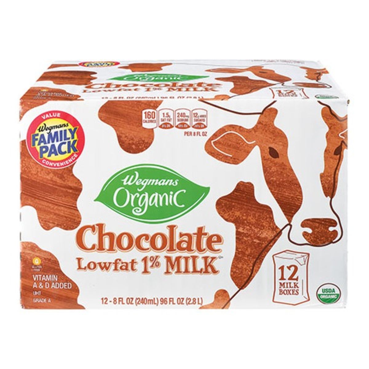 Calories in Wegmans Organic Chocolate Lowfat 1% Milk, 12 Milk Boxes, FAMILY PACK