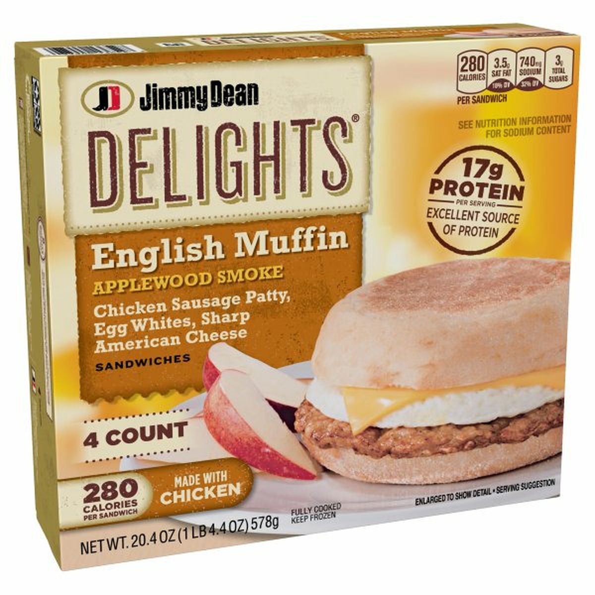 Calories in Jimmy Dean Delights Applewood Smoke Chicken Sausage, Egg White & Cheese English Muffin Sandwiches, 4 Count (Frozen)