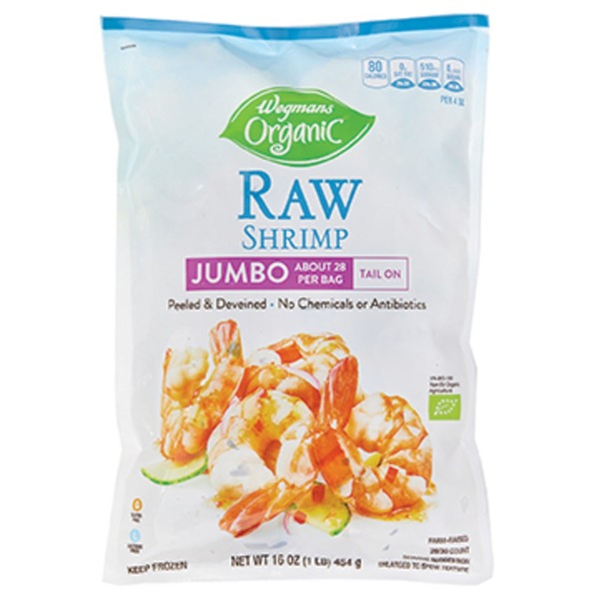 Calories in Wegmans Organic Raw Jumbo Shrimp, 26-30 Count