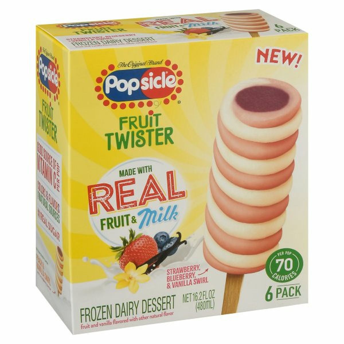 Calories in Popsicle Frozen Dairy Dessert, Strawberry, Blueberry & Vanilla Swirl, Fruit Twister, 6 Pack