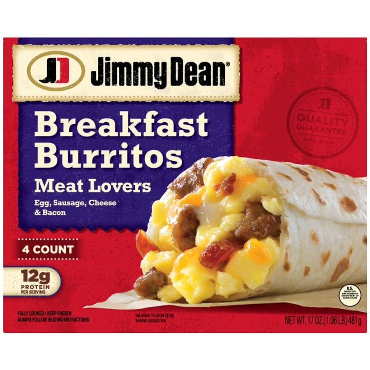 Calories in Jimmy Dean Meat Lovers Breakfast Burritos