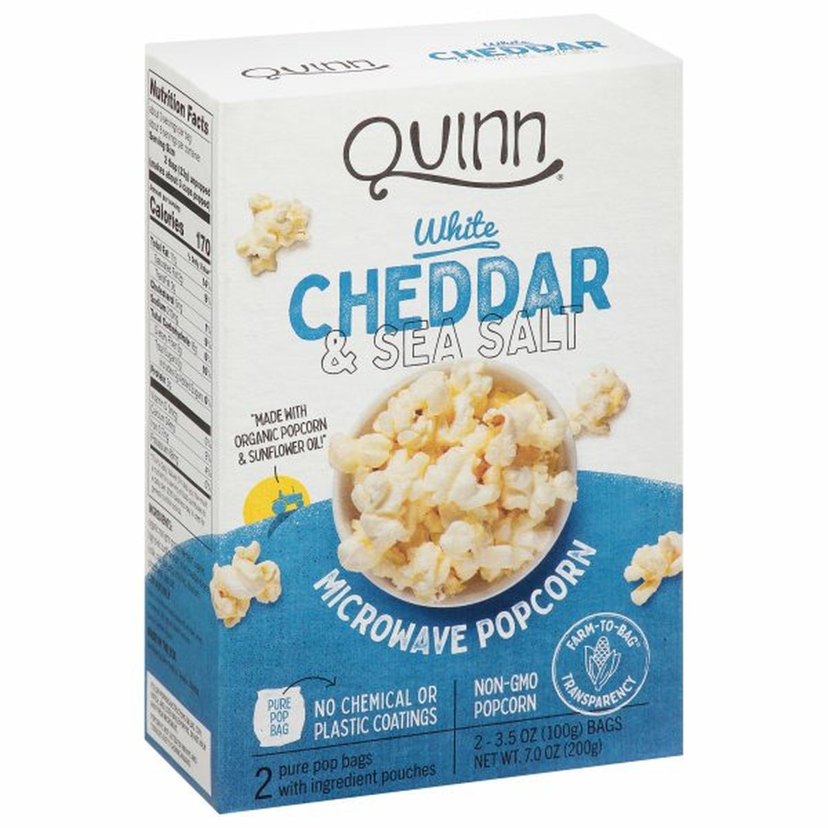 Calories in Quinn Microwave Popcorn, White Cheddar & Sea Salt, 2 Pack