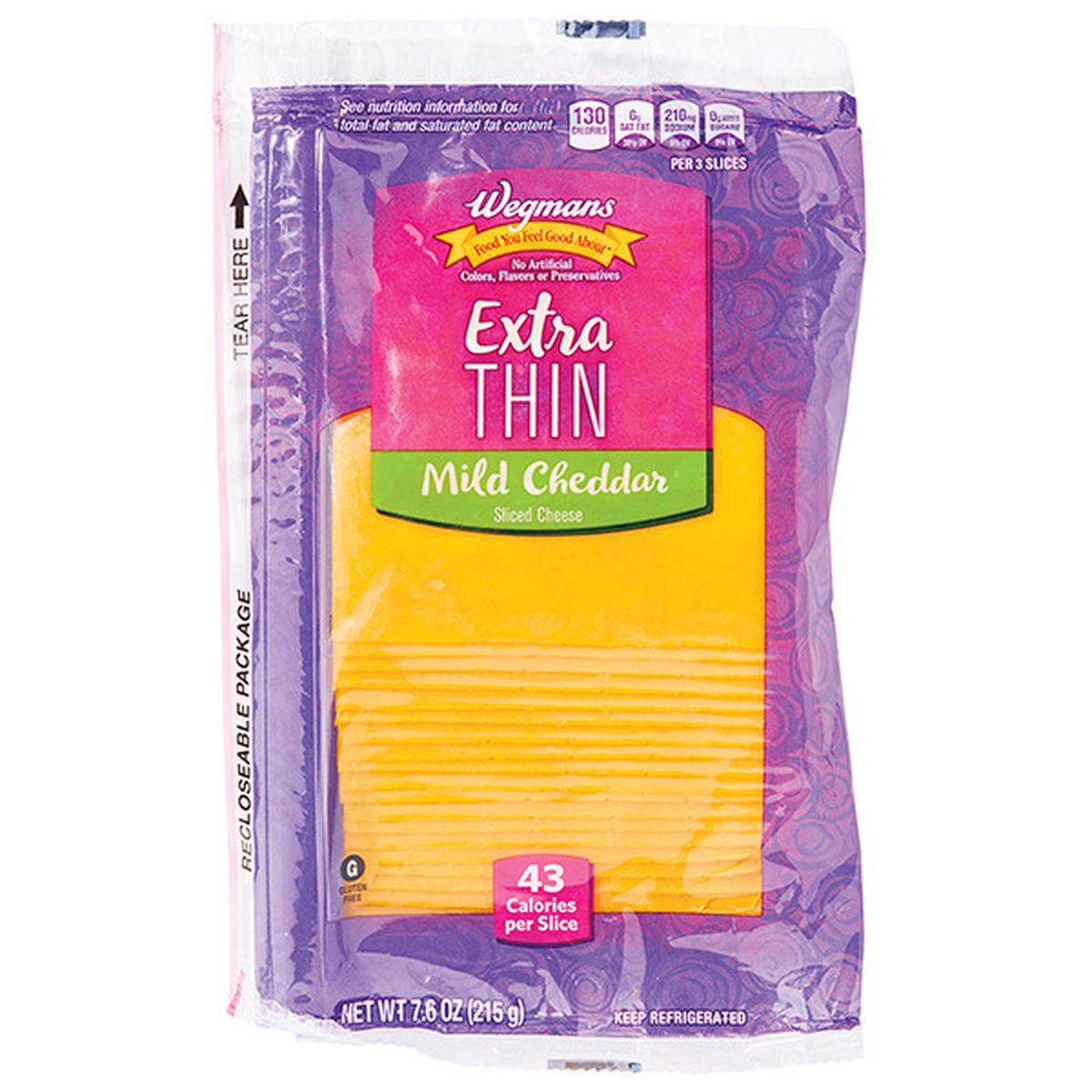 Calories in Wegmans Extra Thin Sliced Mild Cheddar Cheese, 20 Slices