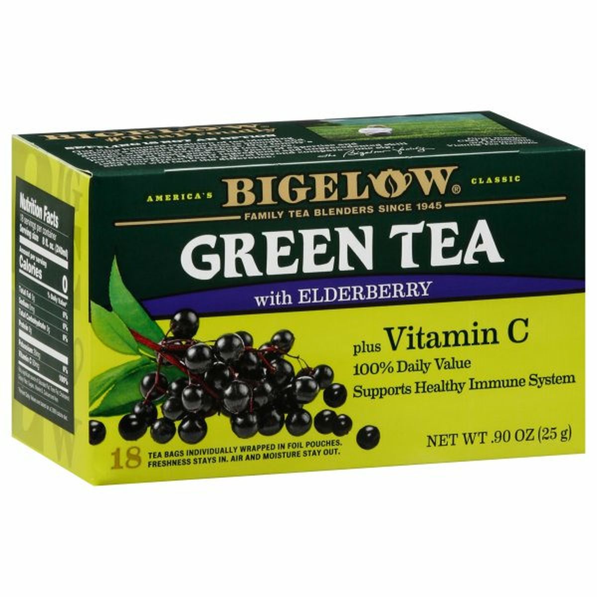 Calories in Bigelow Green Tea, with Elderberry, Bags