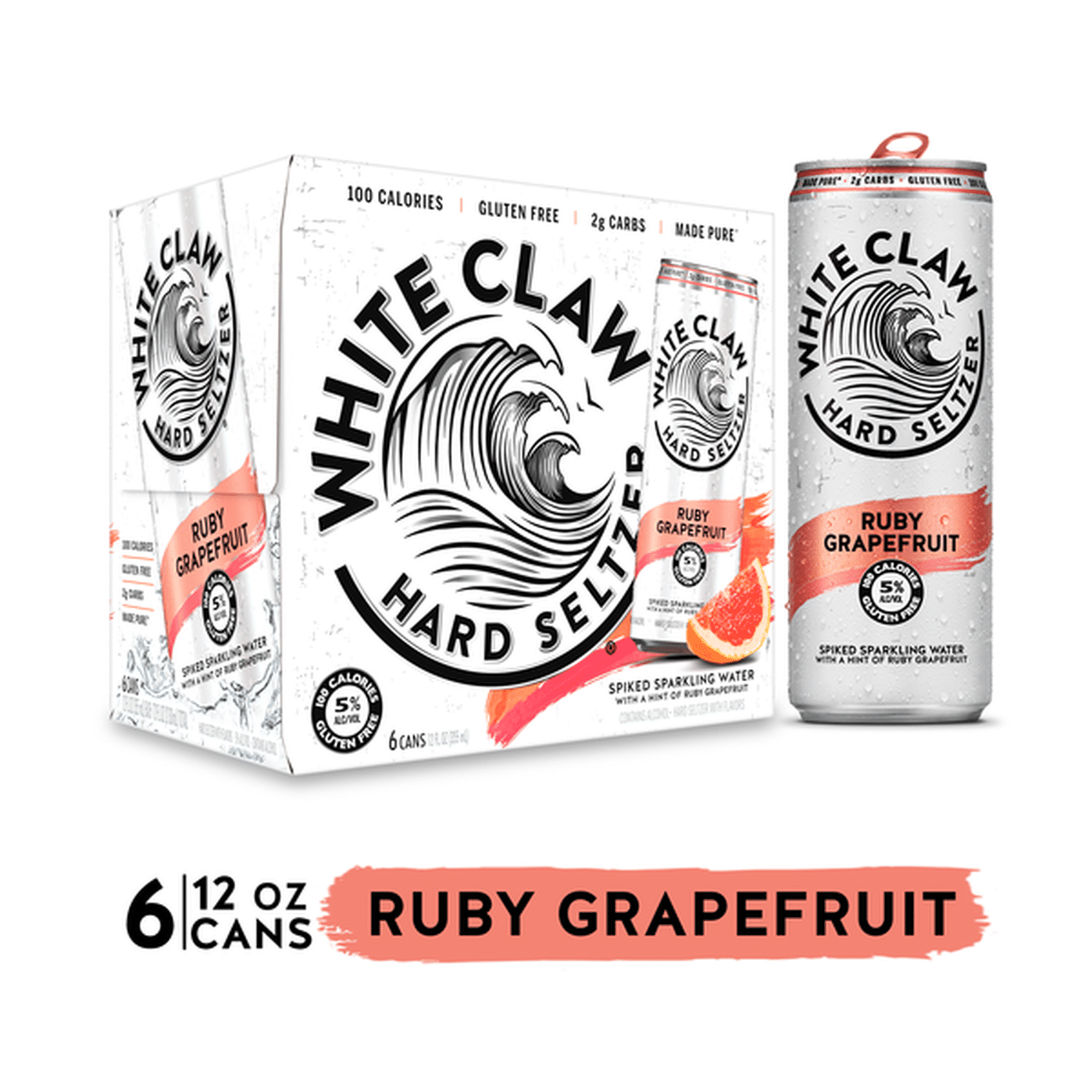 White Claw Hard Seltzer, Spiked, Ruby Grapefruit, 6 Pack (12 fl oz