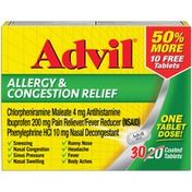 Advil Allergy & Congestion Relief Antihistamine 200mg Ibuprofen Pain Reliever/Fever Reducer & Nasal Decongestant Tablets