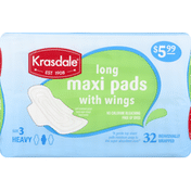 Krasdale Maxi Pads with Wings, Heavy, Long, Size 3