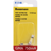 Bussmann Fuse, Fast-Acting, GMA, 750mA