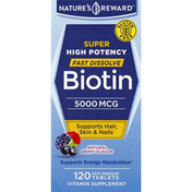 Nature's Reward Biotin, Super High Potency, 5000 mcg, Natural Berry Flavor, Fast Dissolve Tablets