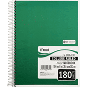 Mead Notebook, Spiral, 5 Subject, College Ruled, 180 Sheets