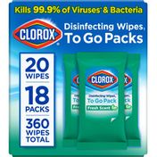 Clorox Disinfecting WipesTo Go Pack, Bleach Free, Fresh Scent, Wet Wipes Each (Pack of )