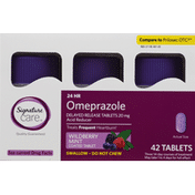 Signature Care Omeprazole, 24 Hour, 20 mg, Coated Tablet, Wildberry Mint