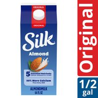 Silk Almond Milk, Original, Dairy Free, Gluten Free, Seriously Creamy Vegan Plant Based Milk with 5 Essential Nutrients, 64 fl oz Half Gallon