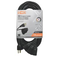HDX 50 Ft. 16/3 Light Duty Indoor/outdoor Extension Cord With Multiple Outlet Triple Tap End, Black
