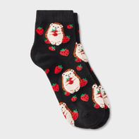 Women's Strawberry Patch Hedgehog Ankle Socks, Size 4-10 - Black