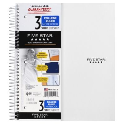 Five Star Notebook, 3 Subject, College Ruled, 150 Sheets