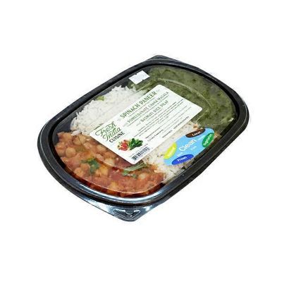 Fresh Indian Cuisine Spinach Paneer With Pomegranate Chana Masala And Basmati Rice Pilaf