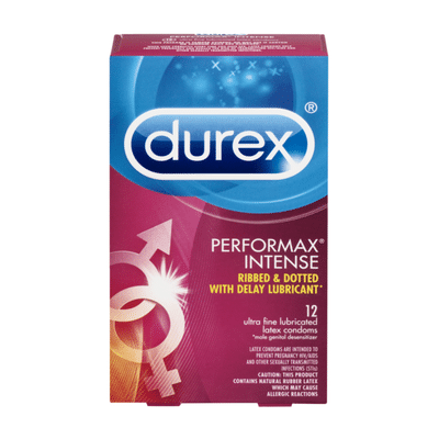 Durex® Ultra Fine, Ribbed, Dotted with Delay Lubricant, Performax Intense Natural Rubber Latex Condoms
