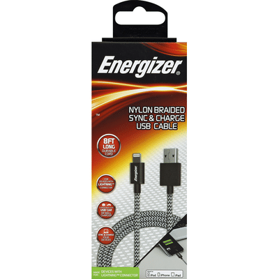 Energizer USB Cable, Sync & Charge, Nylon Braided, 8 Foot