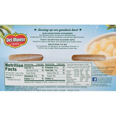 Del Monte Diced Bartlett Pears in Light Syrup Fruit Cups