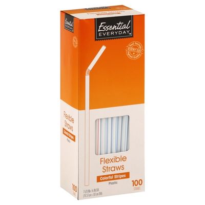 Essential Everyday Straws, Flexible, Colorful Stripes, Plastic