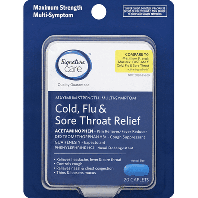 Signature Care Cold, Flu & Sore Throat Relief, Multi-Symptom, Maximum Strength, Caplets
