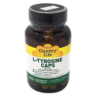 Country Life L-Tyrosine Caps Free Form Amino Acid Supplement With B-6 500 mg, 50 Vegetarian Capsules