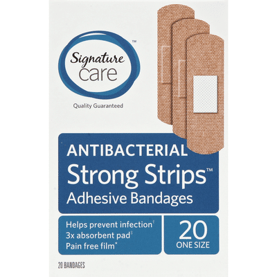 Signature Adhesive Bandages, Antibacterial, Strong Strips
