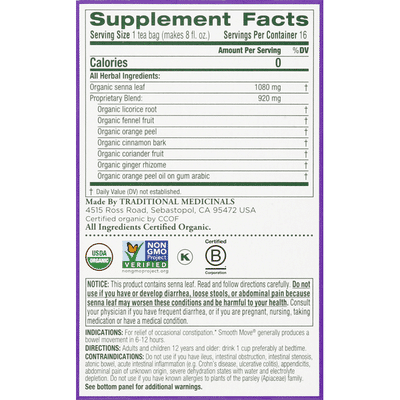 Traditional Medicinals Herbal Supplement, Organic, Original with Senna, Smooth Move, Bags