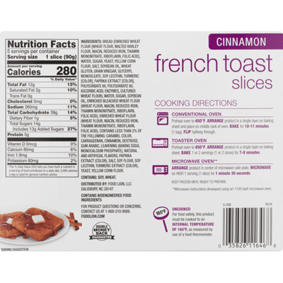Food Lion French Toast, Cinnamon, Slices, Box
