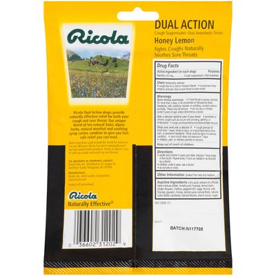 Ricola Dual Action Honey-Lemon Cough Suppressant Oral Anesthetic Drops