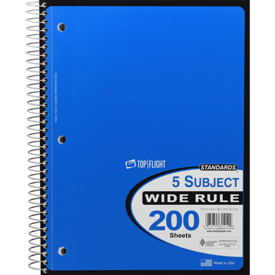 Top Flight Notebook, 5 Subject, Wide Rule, 200 Sheets