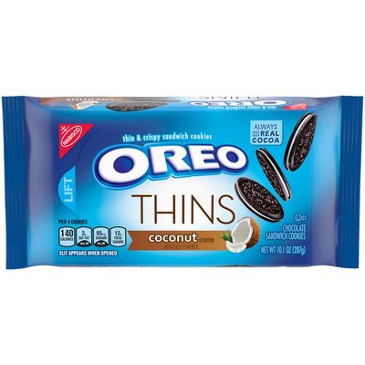Oreo Thins Chocolate Sandwich Cookies, Coconut Flavored Creme, 1 Resealable Pack
