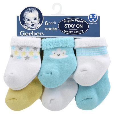Gerber Socks, Wiggle Proof, 0-3 Months, 6 Pack