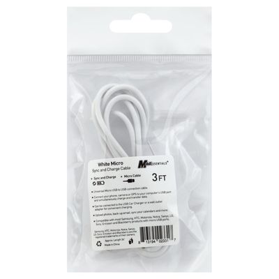 Mobilessentials Cable, Sync and Charge, White, Micro, 3 Feet
