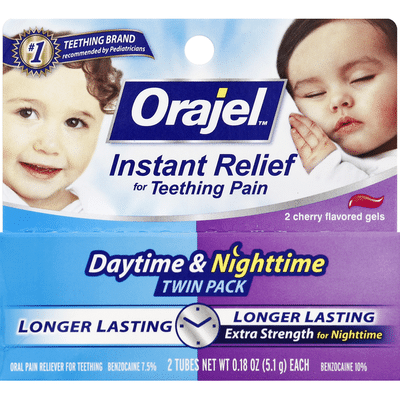 Orajel Oral Pain Reliever, for Teething, Daytime & Nighttime, Gels, Cherry Flavored, Twin Pack