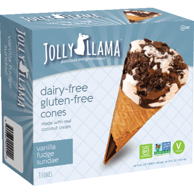 Jolly Llama Cones, Gluten Free & Dairy-Free, Vanilla Fudge Sundae