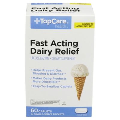 TopCare Fast Acting Dairy Relief Lactase Enzyme Dietary Supplement Easy-To-Swallow Caplets