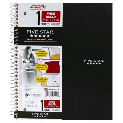 Five Star Notebook, 1 Subject, Wide Ruled, 100 Sheets
