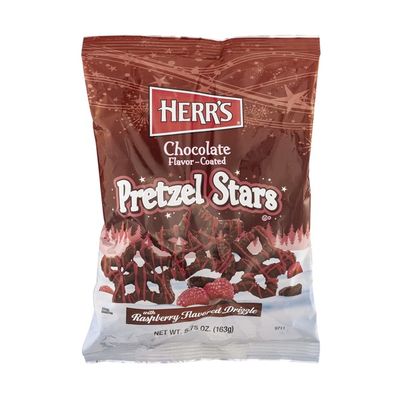 Herr's Chocolate Flavor-Coated Pretzel Stars with Raspberry Flavored Drizzle