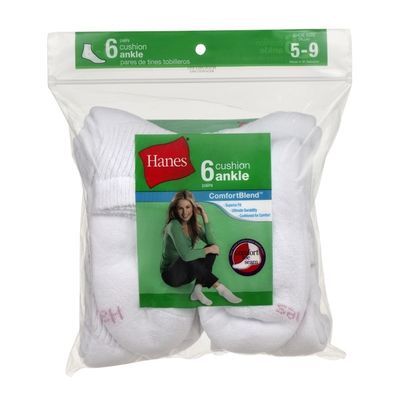 Hanes Cushion Ankle Socks Shoe Size 5-9 - 6 PR