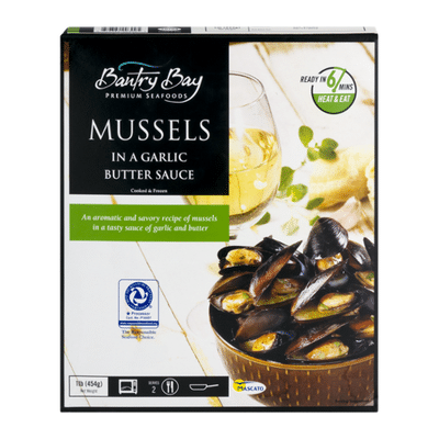 Next Wave Seafood Whole Shell Mussels in a Garlic Butter Sauce, Cooked & Frozen
